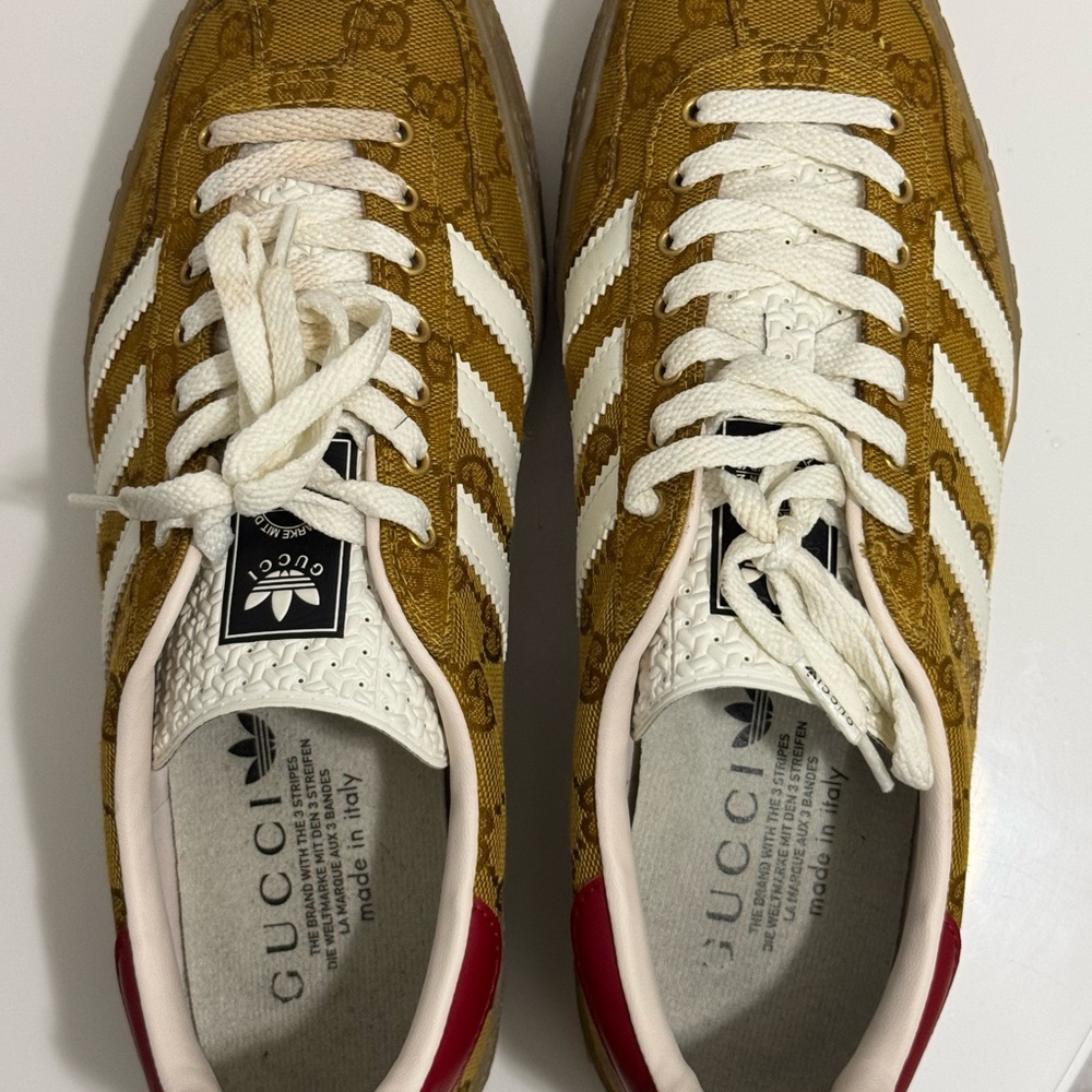 Gently used Gucci X Adidas Gazelle, with GG monogram.